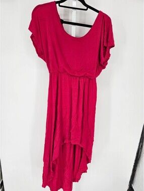 Vtg Y2K Delicious Womens Sz L High Low Hem Midi Dress Dark Pink Short Sleeve